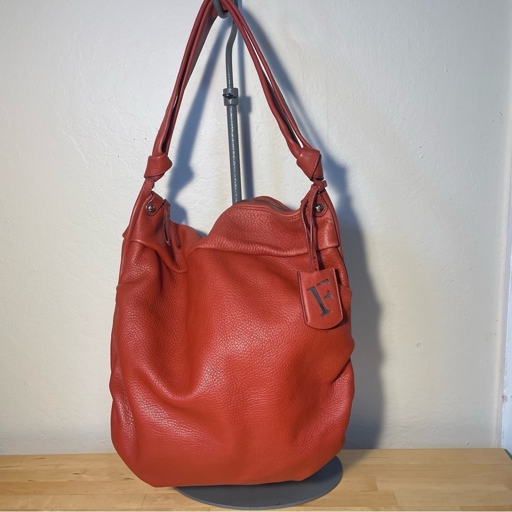 Furla Orange Full Grain Leather Tote Bag Italian Designer Shoulder Carryall Bag